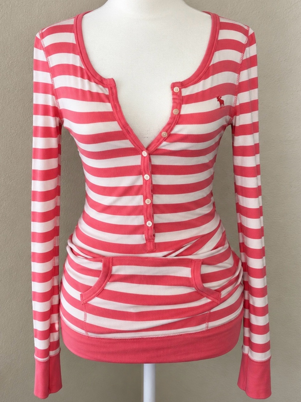 Vintage, Abercrombie & Fitch Y2K 2000’S Coral and White Striped Henley Sweatshir